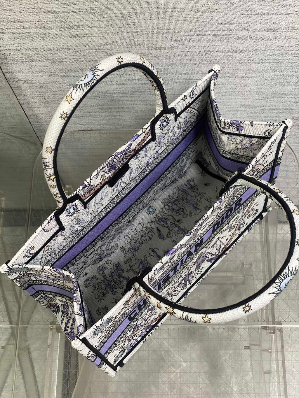 Dior 25S Lucky Medium Book Tote 36 in White and Purple Dior Night of Dreams Embroidery