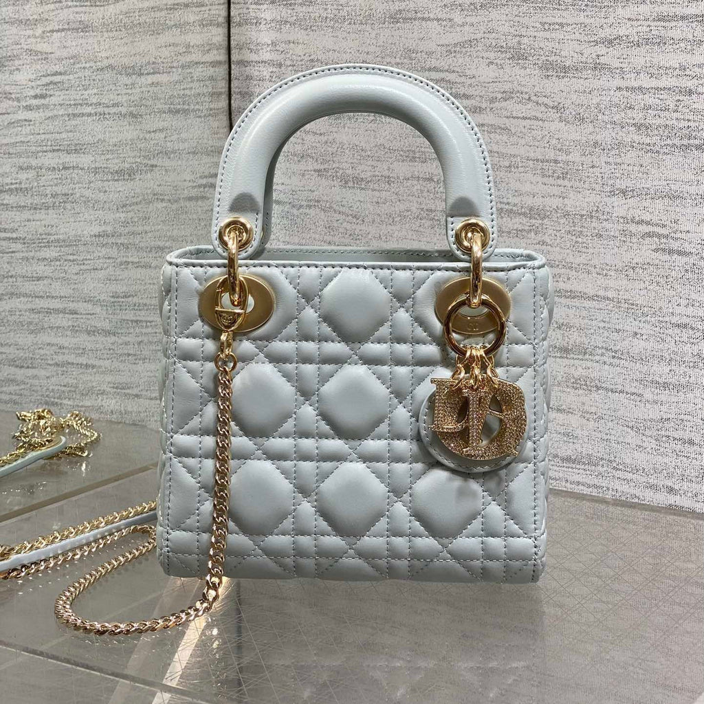 Dior 25S Mini Lady Bag 17 in Light Blue Calfskin Charm Crystal Embellishments