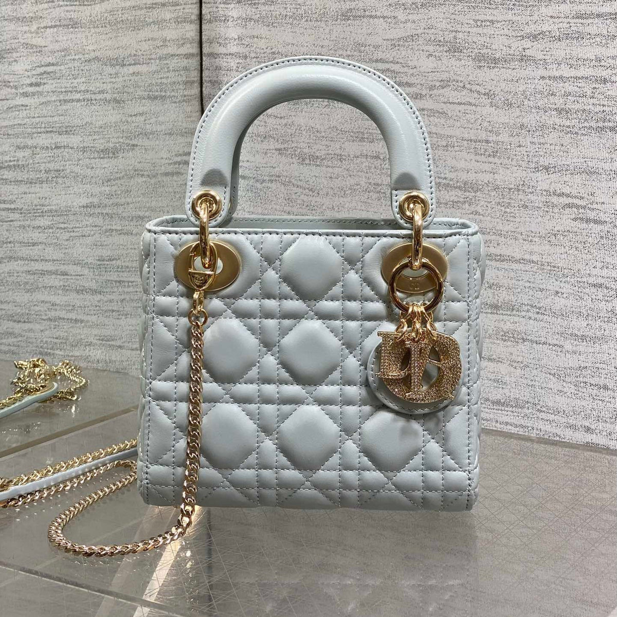 Dior 25S Mini Lady Bag 17 in Light Blue Calfskin Charm Crystal Embellishments