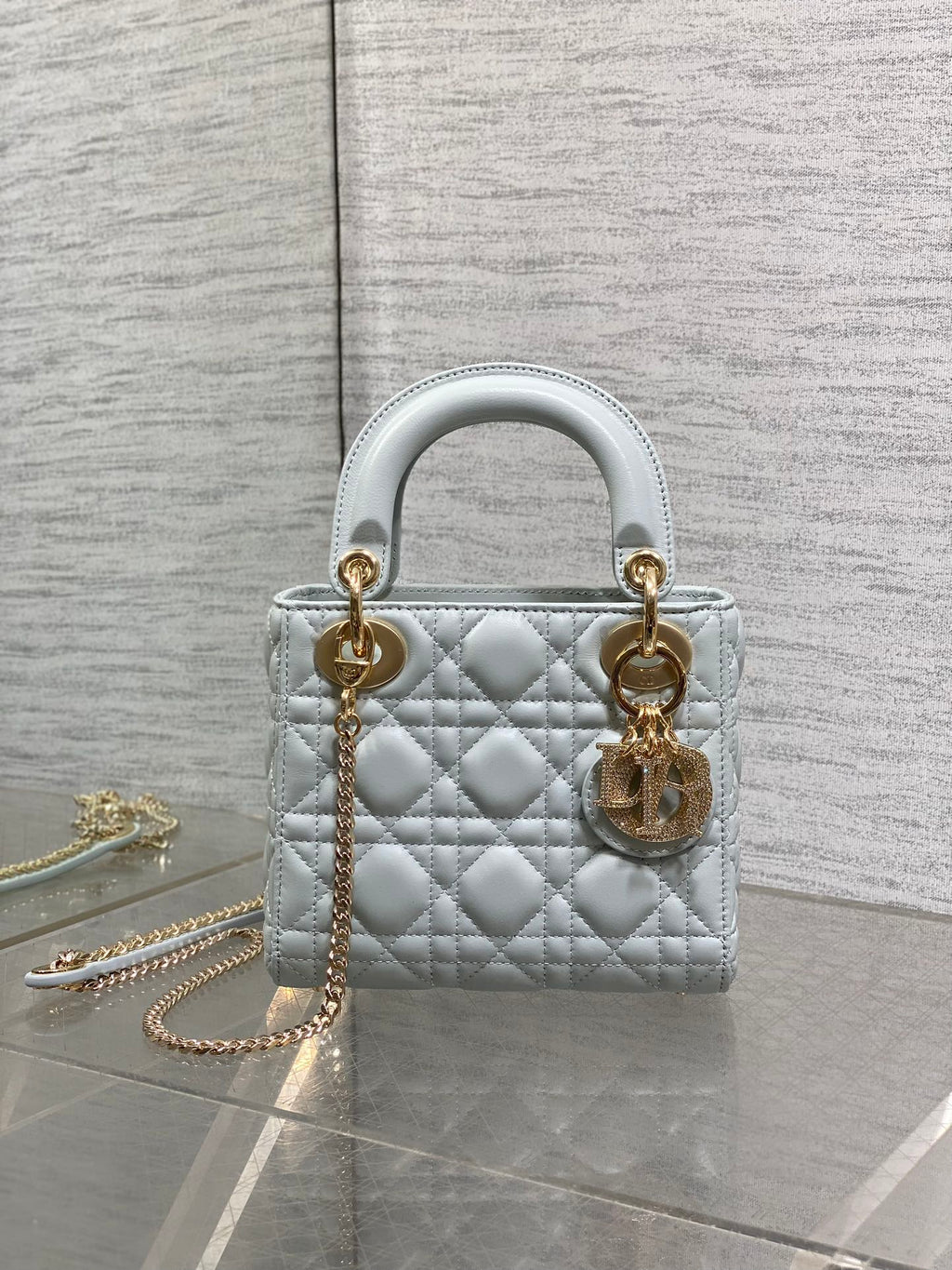 Dior 25S Mini Lady Bag 17 in Light Blue Calfskin Charm Crystal Embellishments