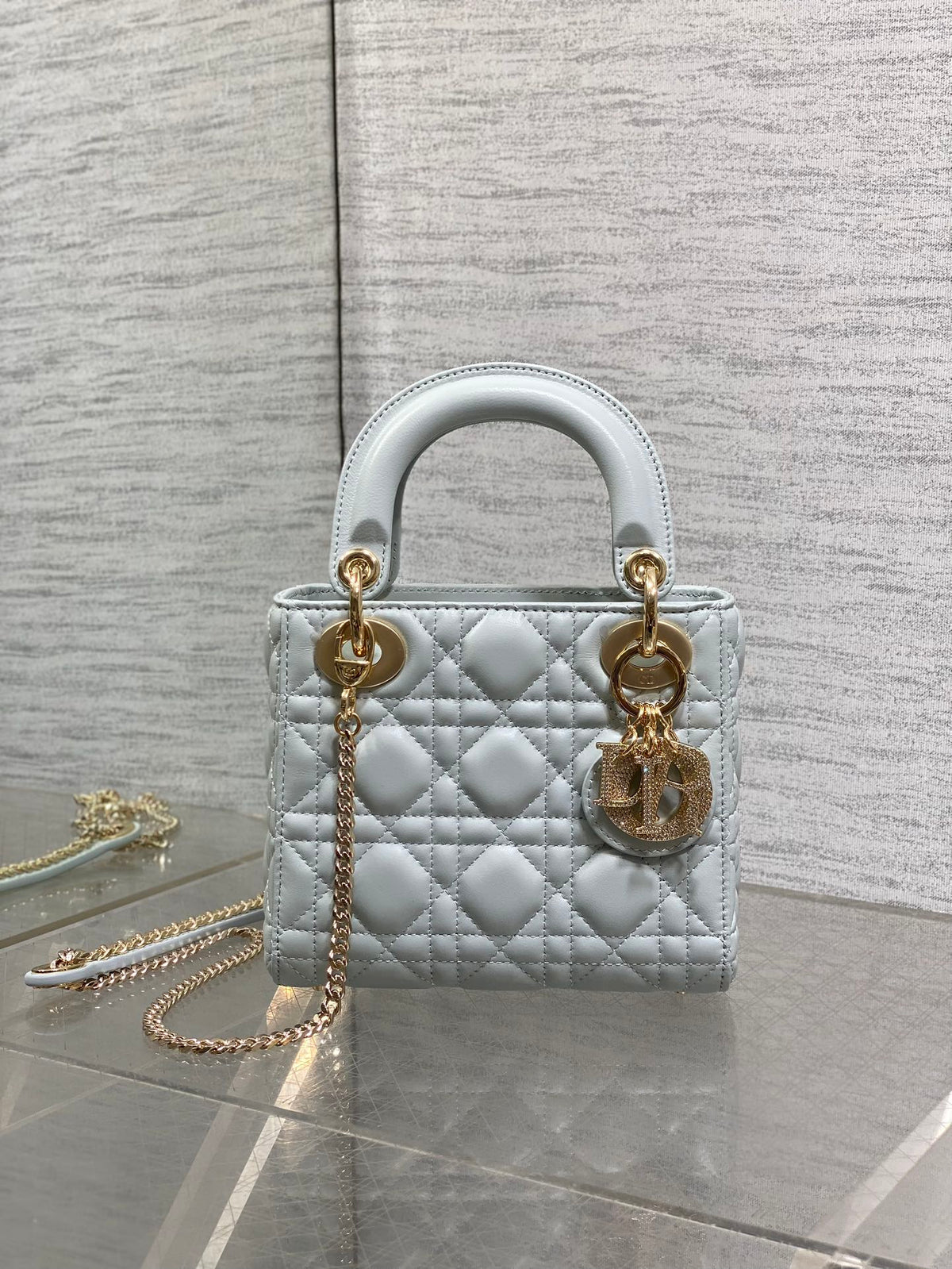 Dior 25S Mini Lady Bag 17 in Light Blue Calfskin Charm Crystal Embellishments