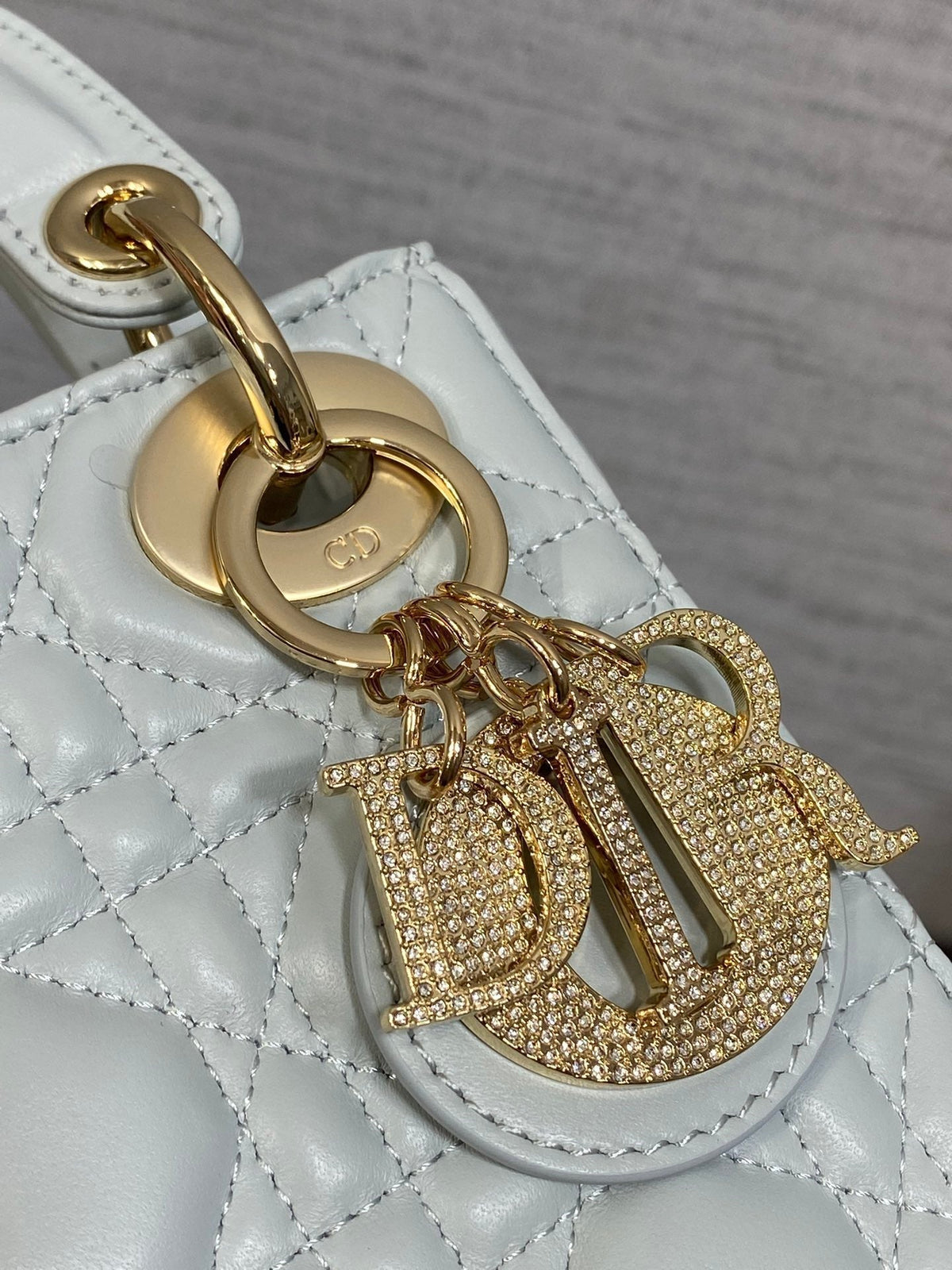 Dior 25S Mini Lady Bag 17 in Light Blue Calfskin Charm Crystal Embellishments