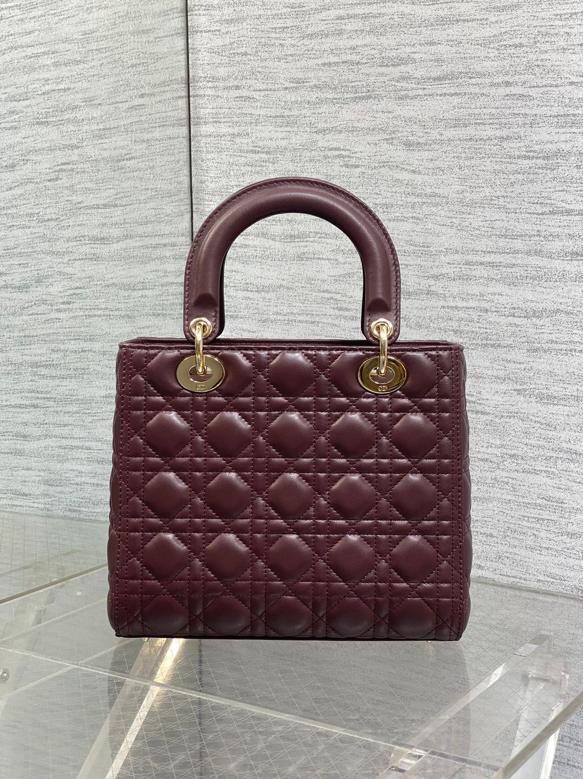 Dior 25S Medium Lady Bag 24 in Burgundy Calfskin Gold Hardwre