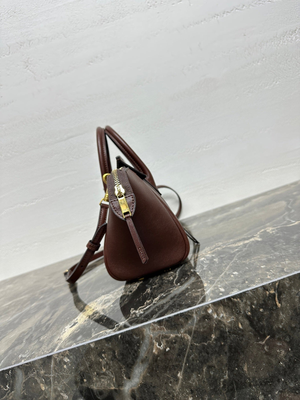 Celine 25S New Luggage 38mm in Chocolate Brown Shiny Lambskin Gold Hardware Bag