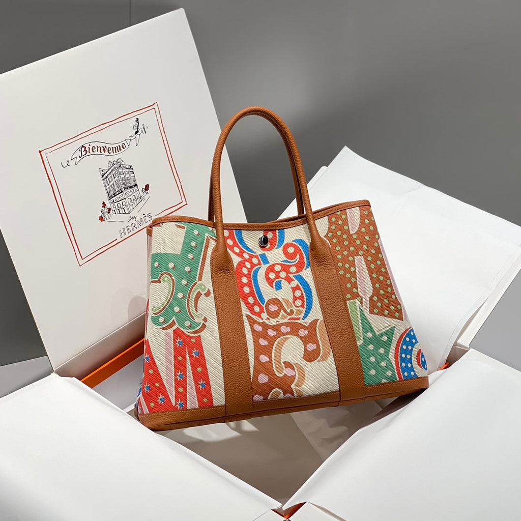Hermes Garden Party 36 in Multicolor Toile H Canvas Gold Calfskin Circus Typography Print Bag