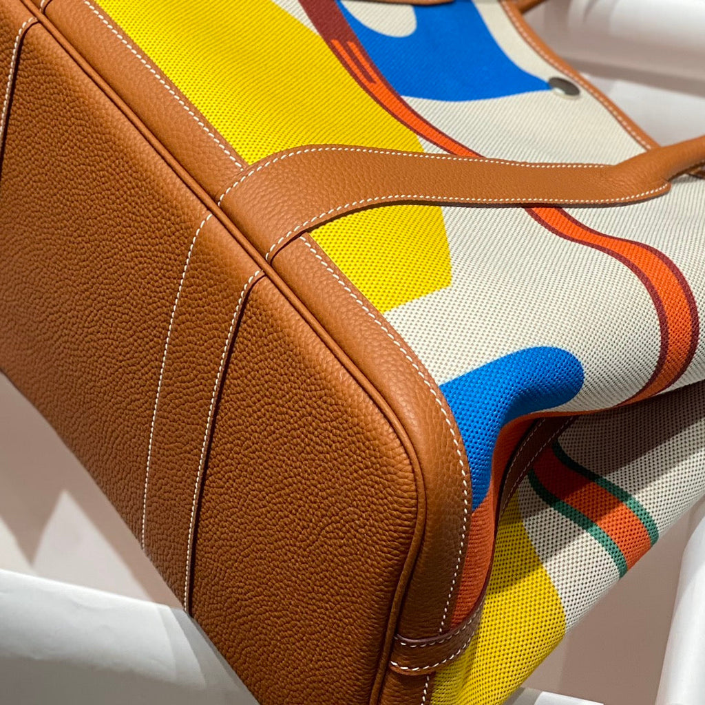 Hermes Garden Party 36 in Vibrant Toile H Canvas Gold Calfskin Abstract Blocks Print Bag