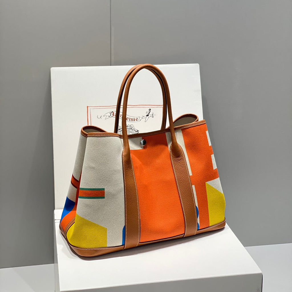 Hermes Garden Party 36 in Vibrant Toile H Canvas Gold Calfskin Abstract Blocks Print Bag