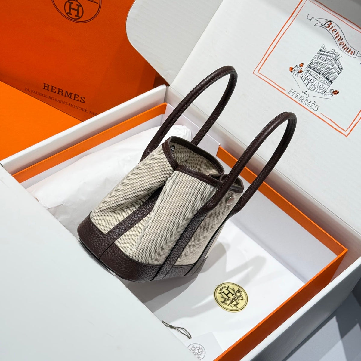 Hermes Garden Party 23cm in Beige Toilets Cotton Canvas and Dark Brown Calfskin Bag