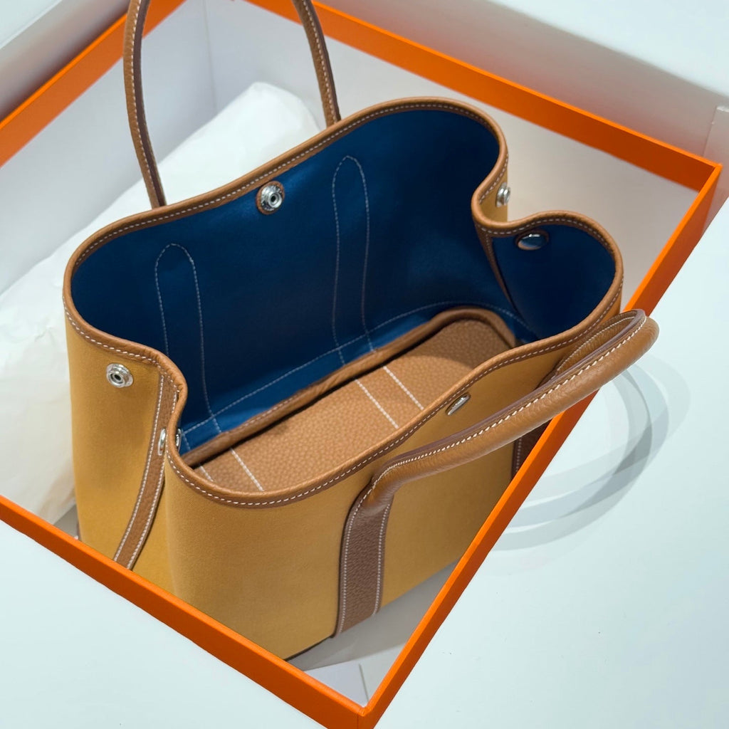Hermes Garden Party 30cm in Dune Magnolia Toilets Cotton Canvas and Brown Calfskin Bag