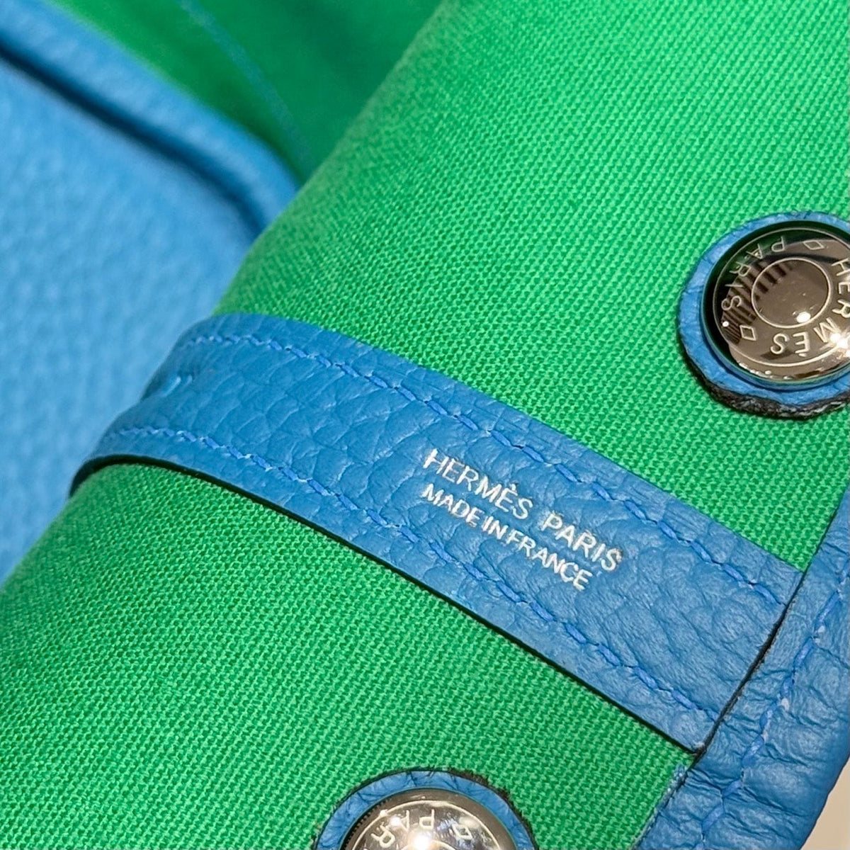 Hermes Garden Party 30cm in White Toilets Cotton Canvas and Blue Calfskin Green On Side Other Bag