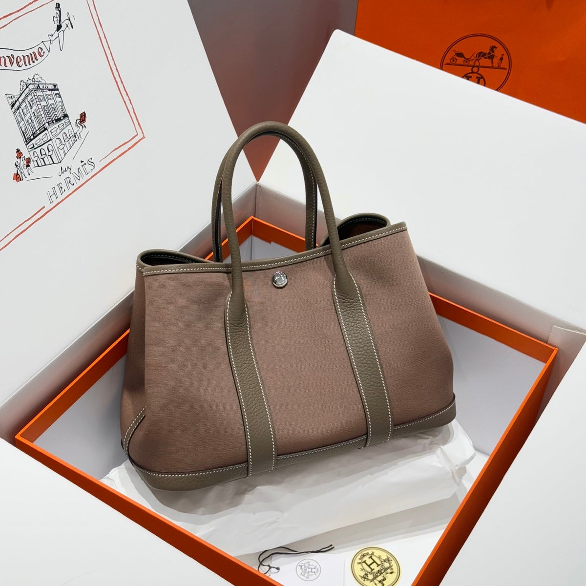 Hermes Garden Party 30cm in Brown Toilets Cotton Canvas and Togo Etoupe Calfskin Bag