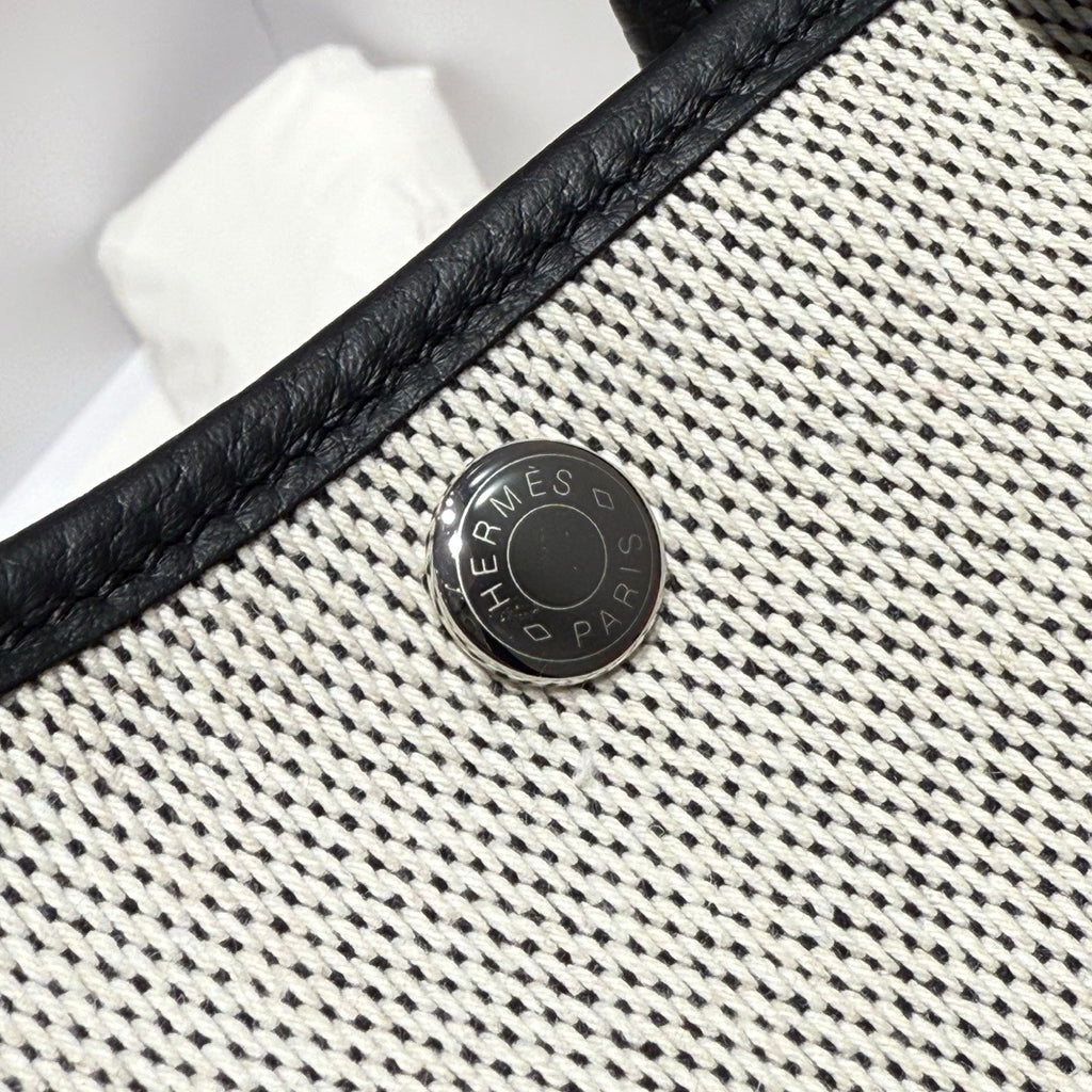 Hermes Garden Party 30cm in White Toilets Cotton Canvas and Black Calfskin Blue Canvas On Side Other Bag