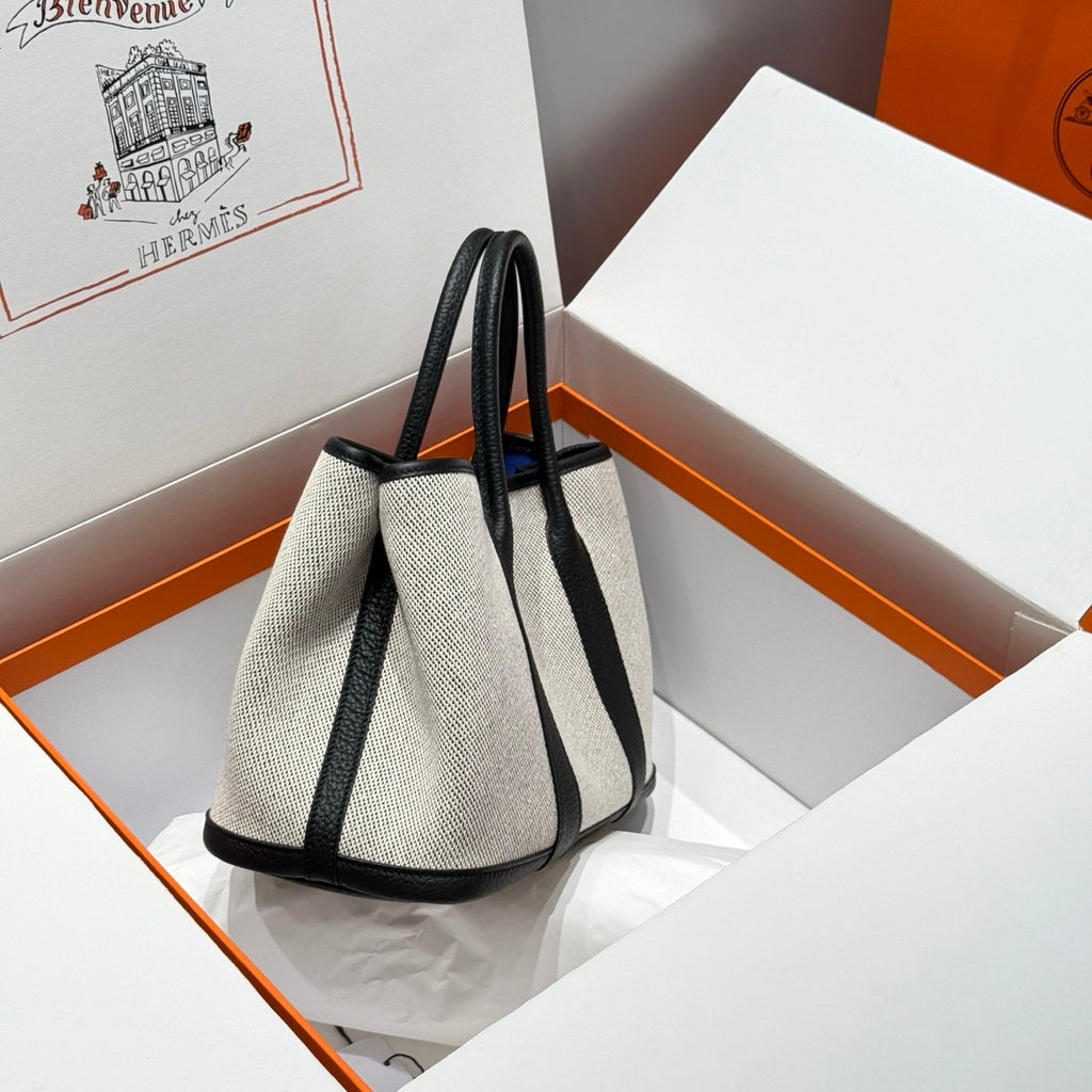 Hermes Garden Party 30cm in White Toilets Cotton Canvas and Black Calfskin Blue Canvas On Side Other Bag