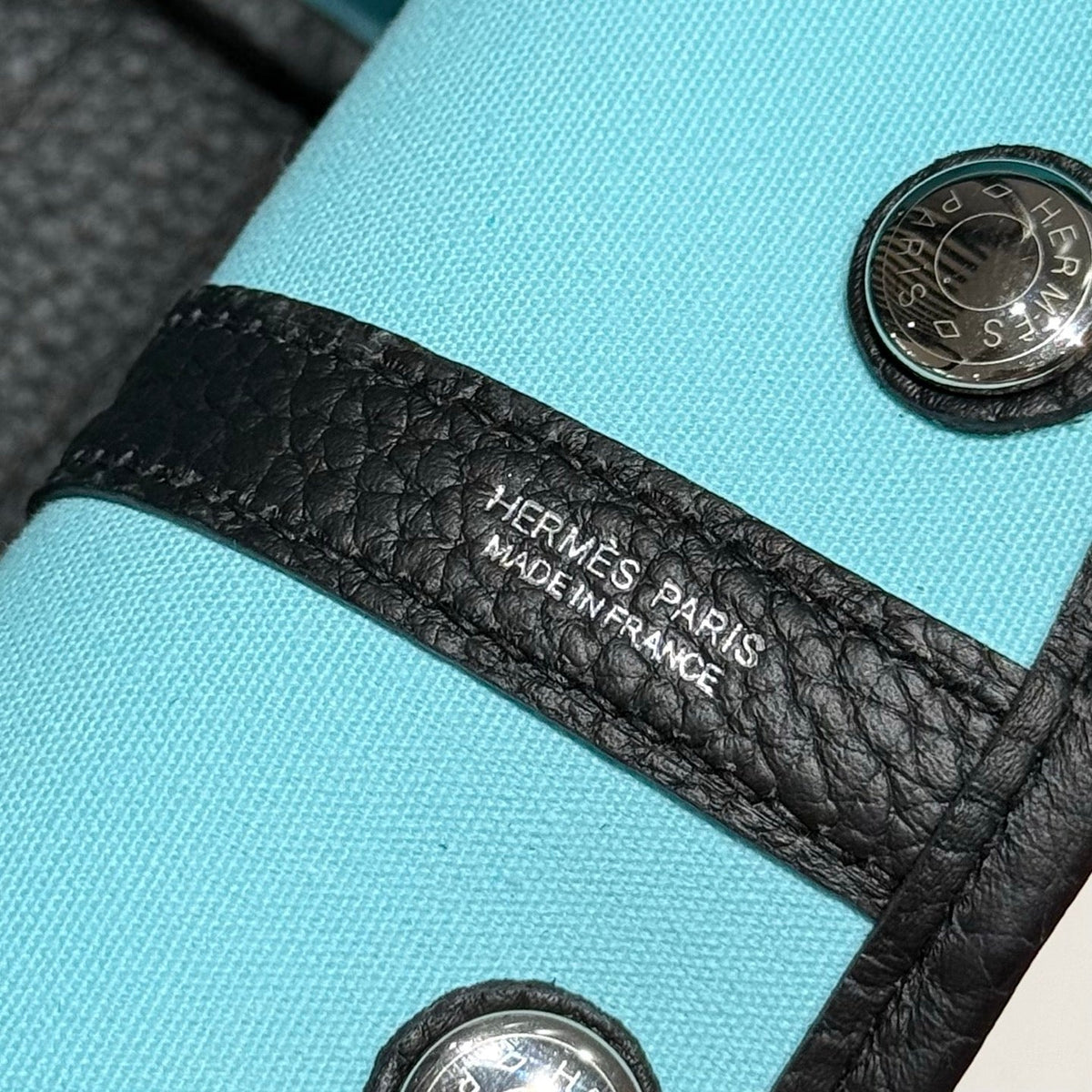 Hermes Garden Party 30cm in White Toilets Cotton Canvas and Black Calfskin Sky Blue Canvas On Side Other Bag