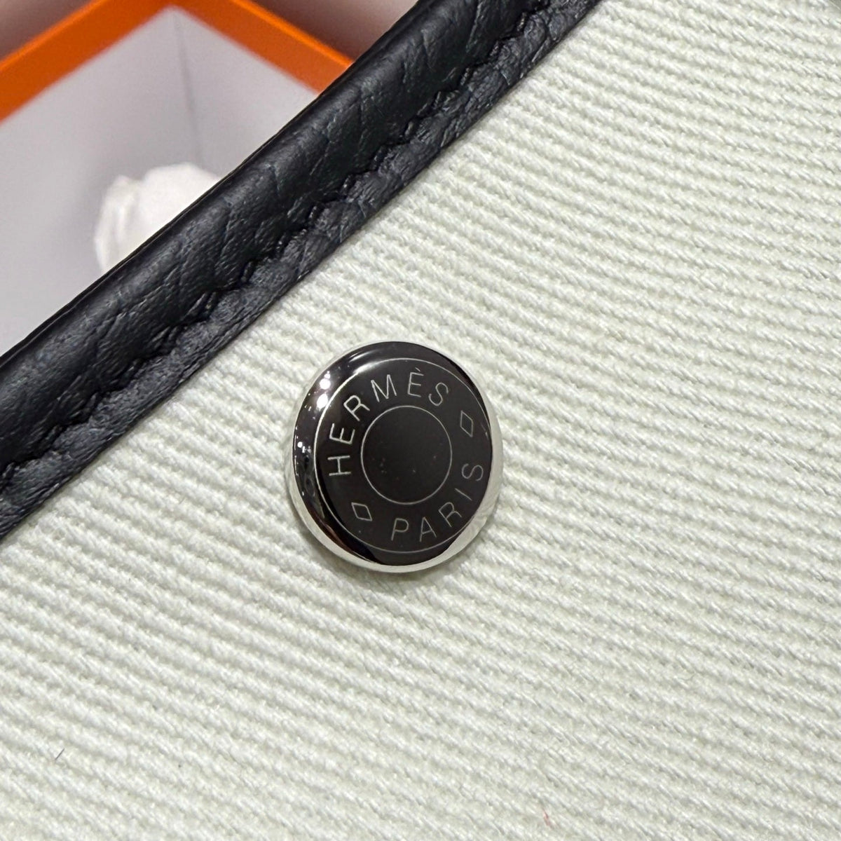 Hermes Garden Party 30cm in White Toilets Cotton Canvas and Black Calfskin Sky Blue Canvas On Side Other Bag
