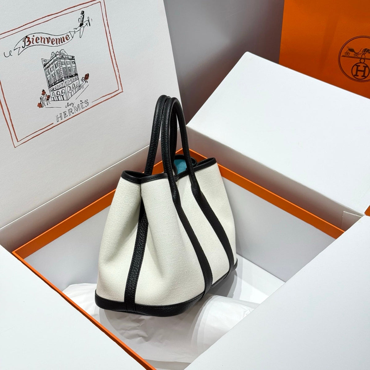 Hermes Garden Party 30cm in White Toilets Cotton Canvas and Black Calfskin Sky Blue Canvas On Side Other Bag