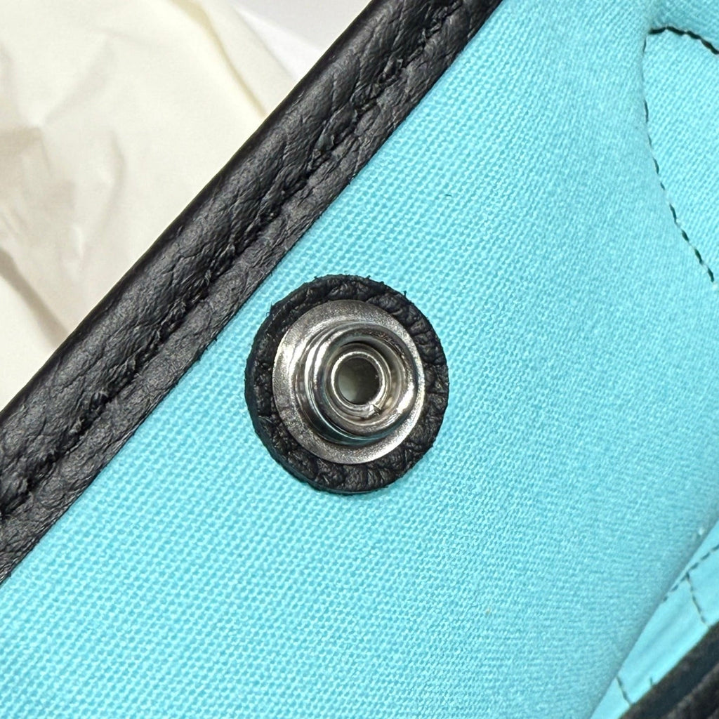 Hermes Garden Party 30cm in White Toilets Cotton Canvas and Black Calfskin Sky Blue Canvas On Side Other Bag