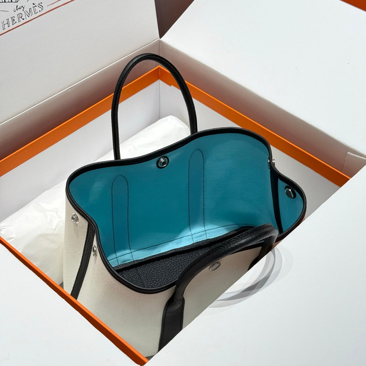 Hermes Garden Party 30cm in White Toilets Cotton Canvas and Black Calfskin Sky Blue Canvas On Side Other Bag