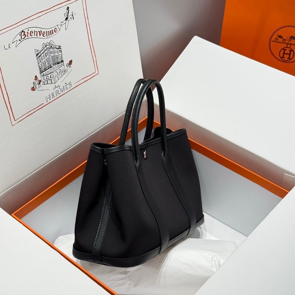 Hermes Garden Party 30cm in Black Toilets Cotton Canvas and Calfskin Bag