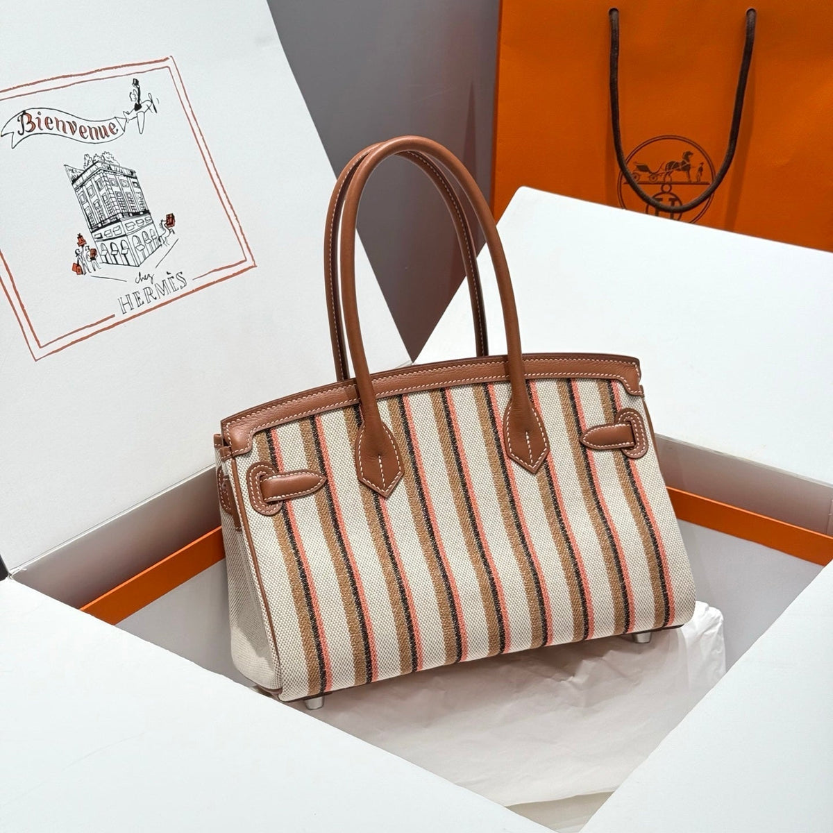 Hermes Birkin Shoulder 29 in Gold Calfskin Écru/Beige/Fauve/Rose Pop/Noir Embroidery Canvas Bag