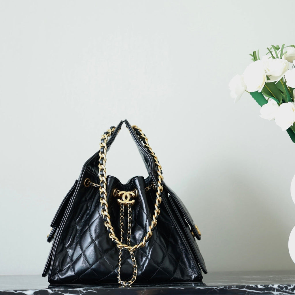 Chanel 25S Hobo Bag 30 cm in Black Light Glossy Leather with Gold Hardware