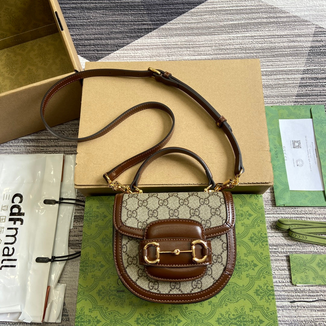 Gucci Horsebit 1955 Mini Top Handle Bag 18 in Beige Canvas and Brown Calfskin Gold Hardware