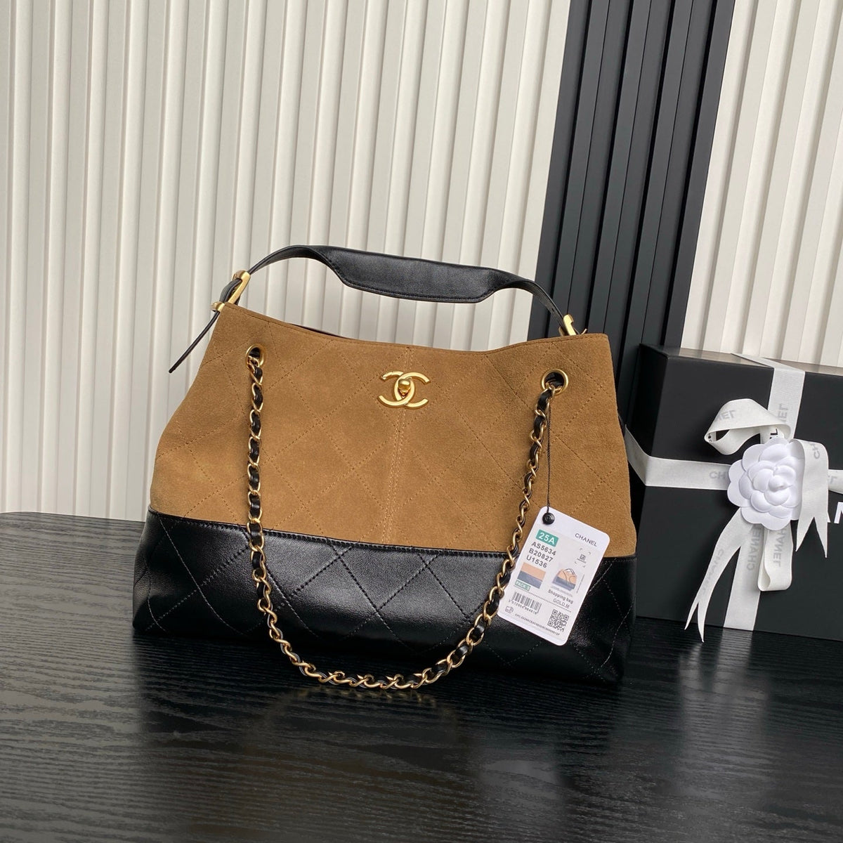 Chanel 25S Hobo Bag 36 in Brown Suede and Black Calfskin with Gold Hardware