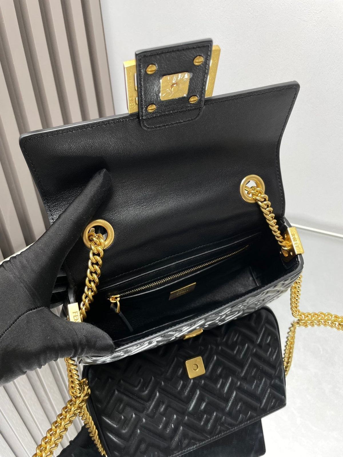 Fend Baguette 24 Bag with Ff Motif Black Leather Ghw