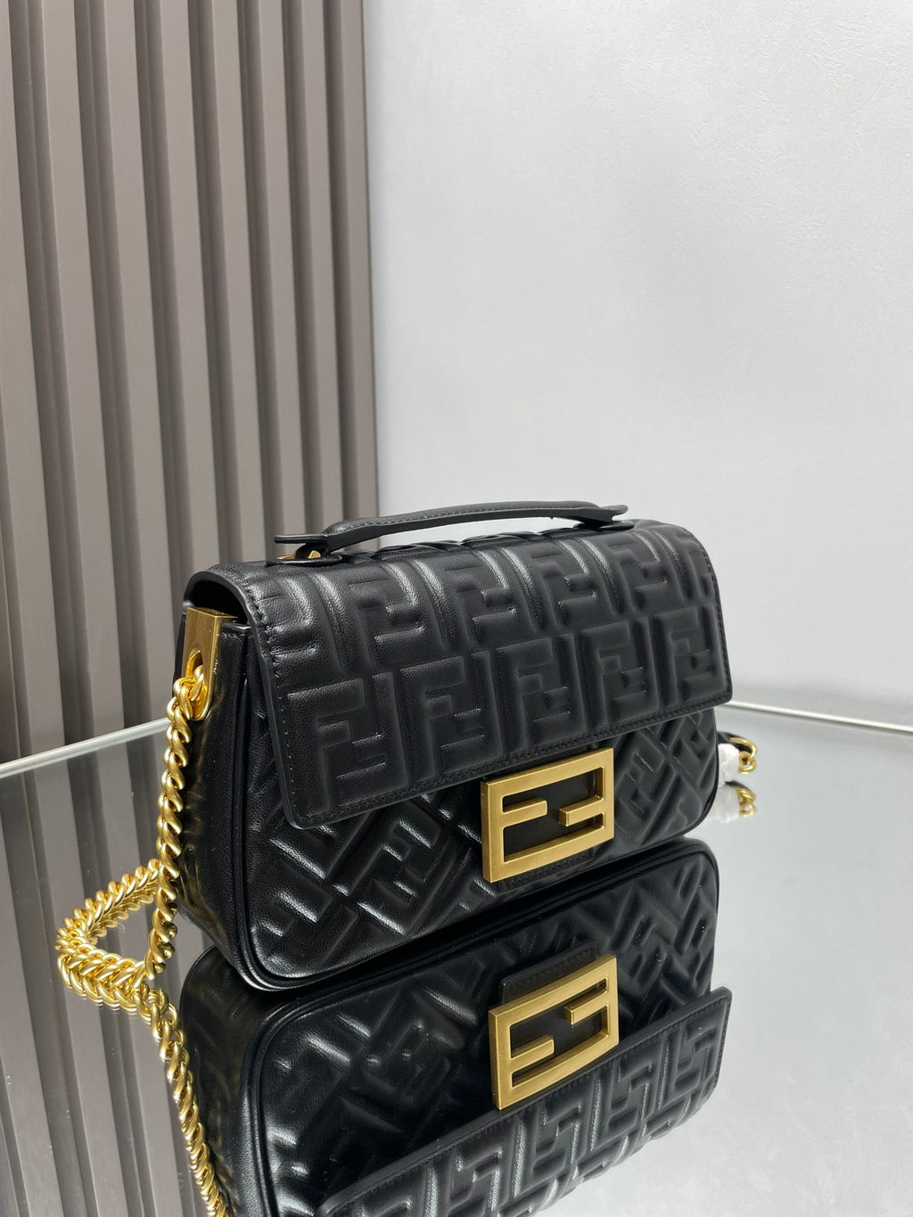 Fend Baguette 24 Bag with Ff Motif Black Leather Ghw