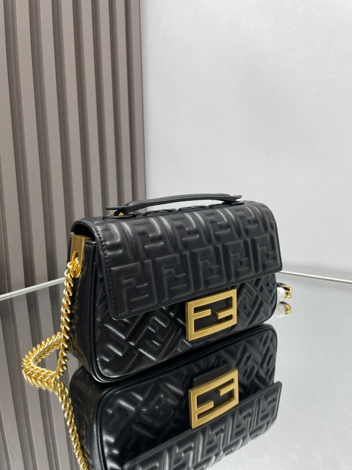 Fend Baguette 24 Bag with Ff Motif Black Leather Ghw