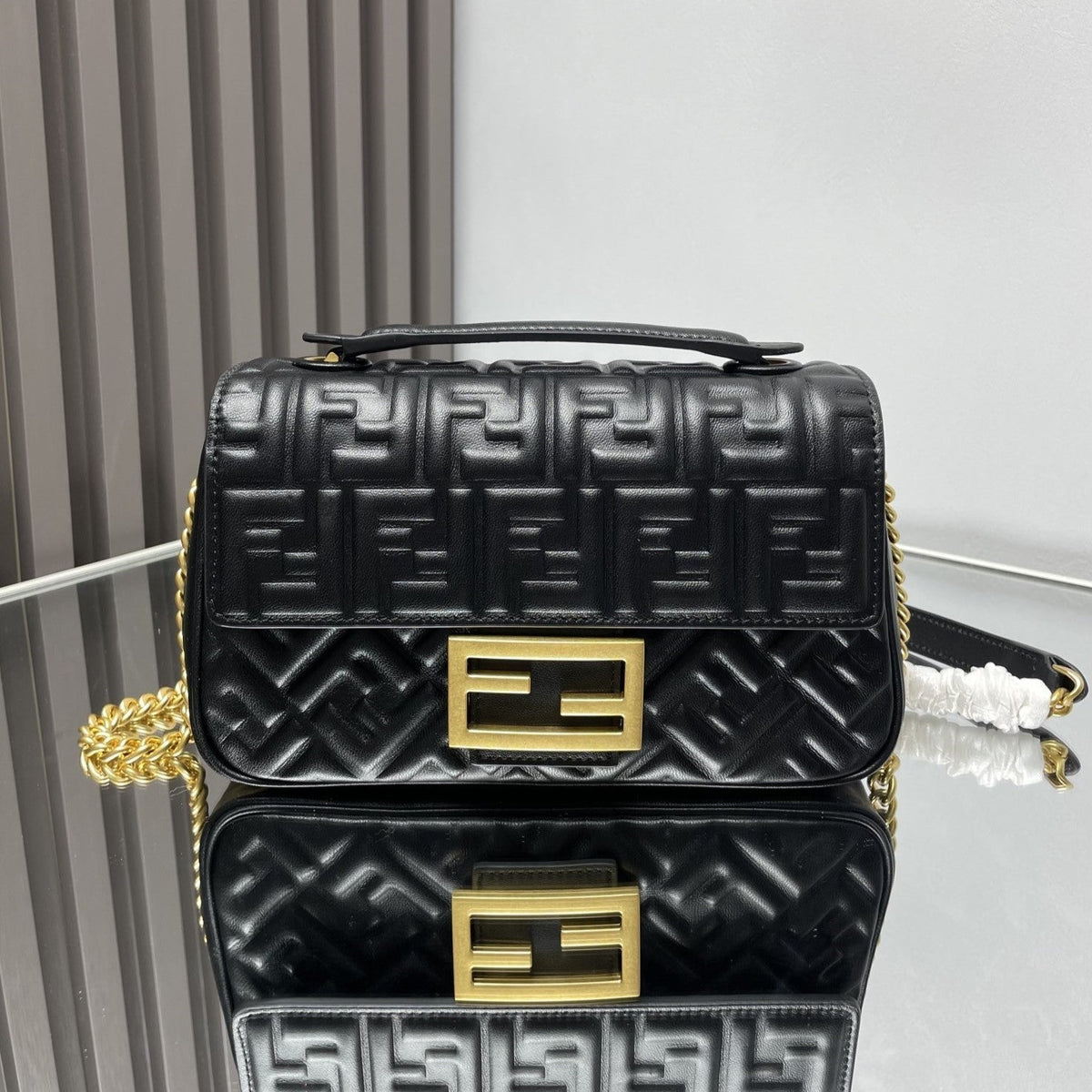 Fend Baguette 24 Bag with Ff Motif Black Leather Ghw