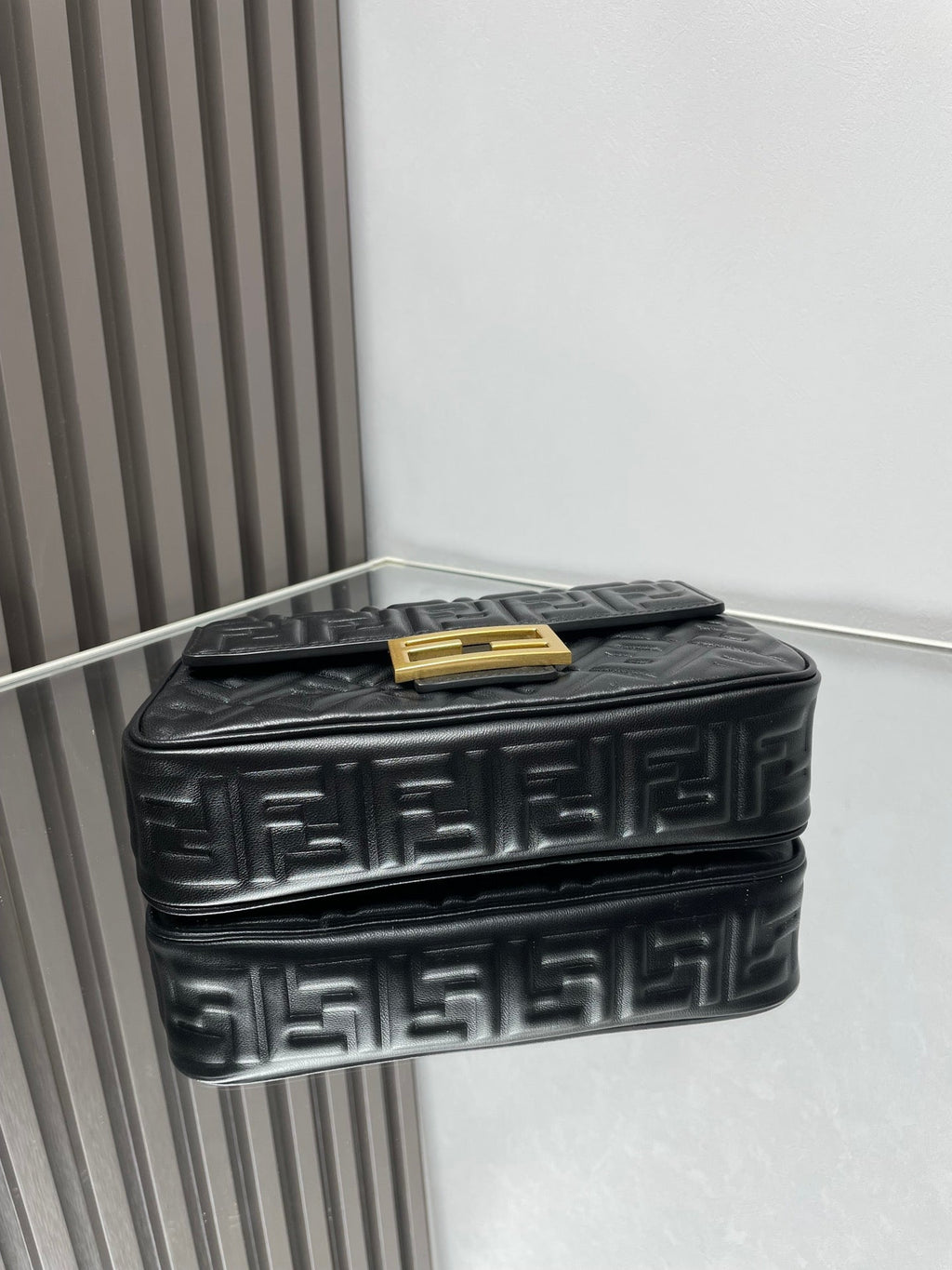 Fend Baguette 24 Bag with Ff Motif Black Leather Ghw