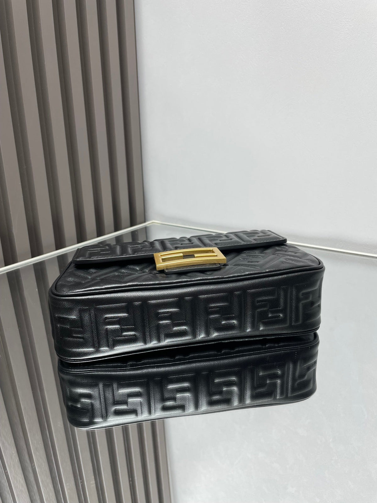 Fend Baguette 24 Bag with Ff Motif Black Leather Ghw