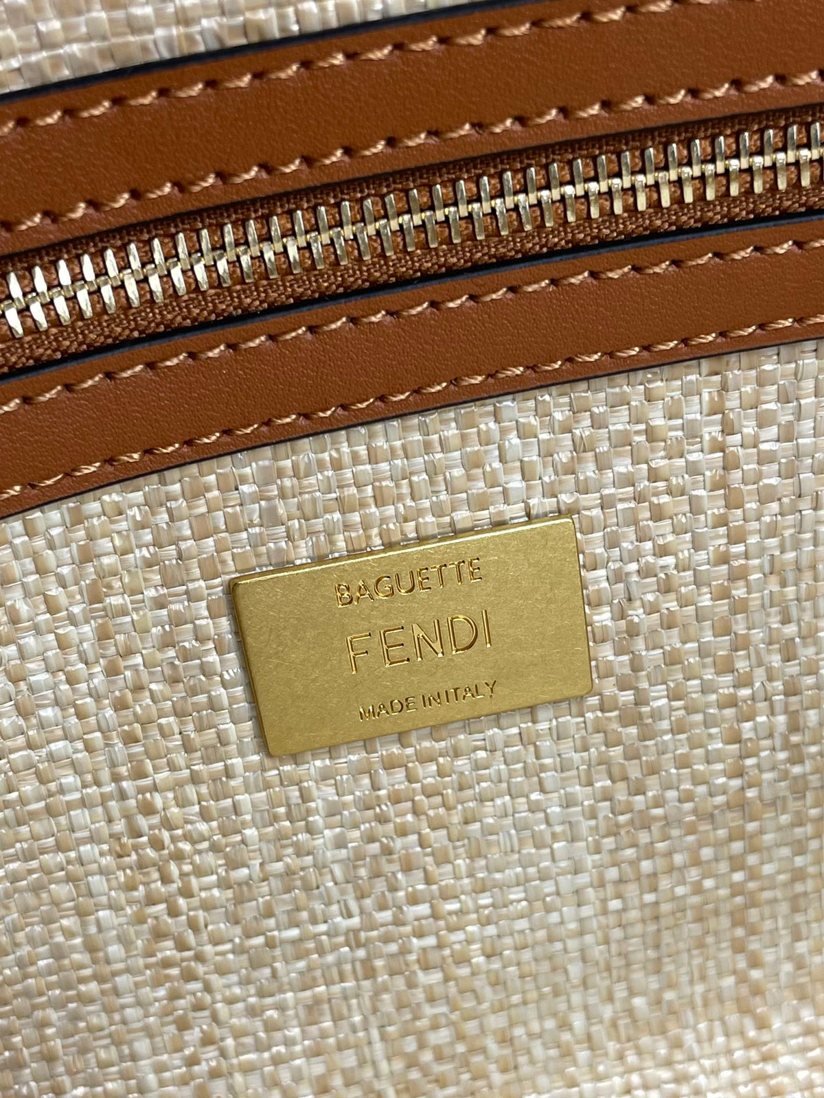 Fend Baguette Gold Tan Canvas Bag 27 with Ff Embroidery Ghw