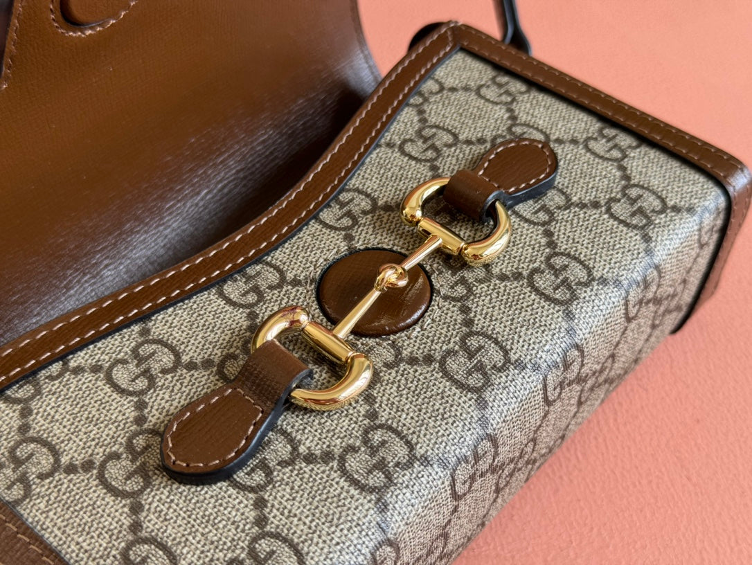 Gucci Horsebit 1955 Mini 18 Bag Beige Canvas and Brown Calfskin