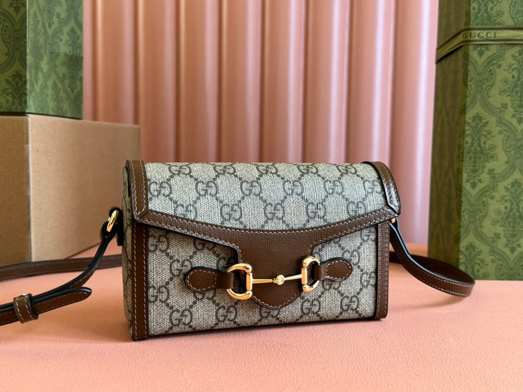 Gucci Horsebit 1955 Mini 18 Bag Beige Canvas and Brown Calfskin