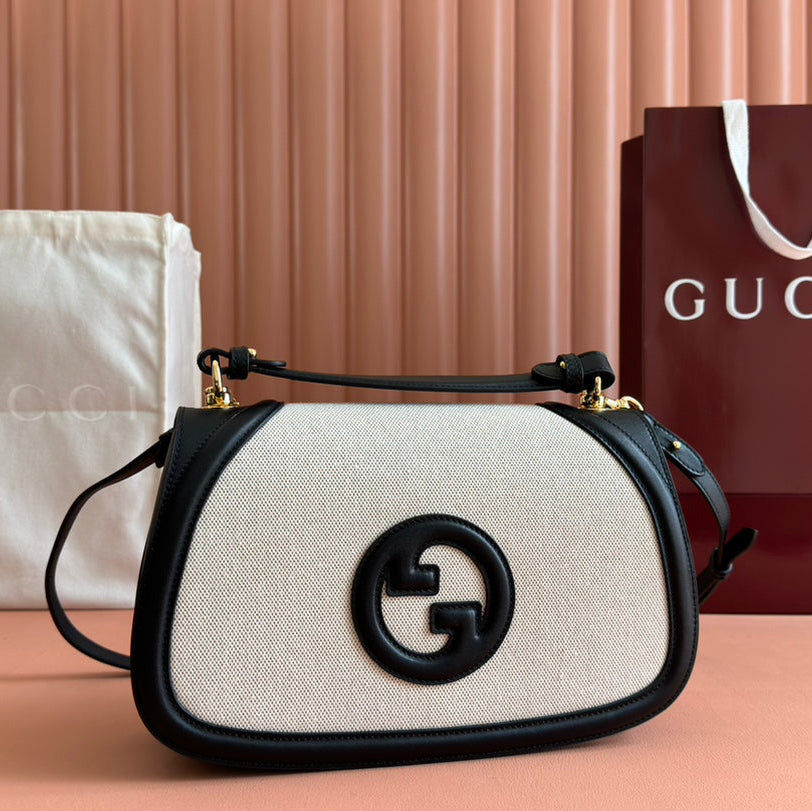 Gucci Blondie Large Top Handle Bag 32 in Natural Cotton Linen Canvas Black Calfskin