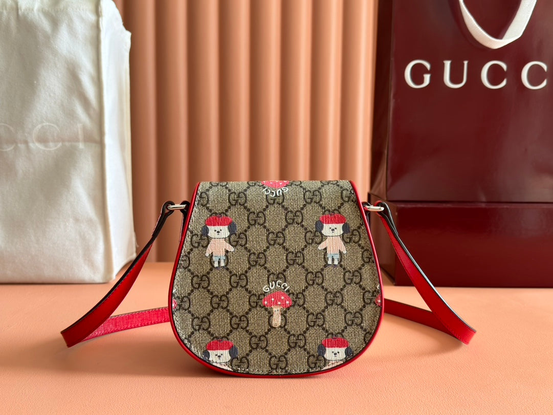 Gucci Children's Printed Shoulder Bag in Beige and Dark Brown Canvas Red Trim