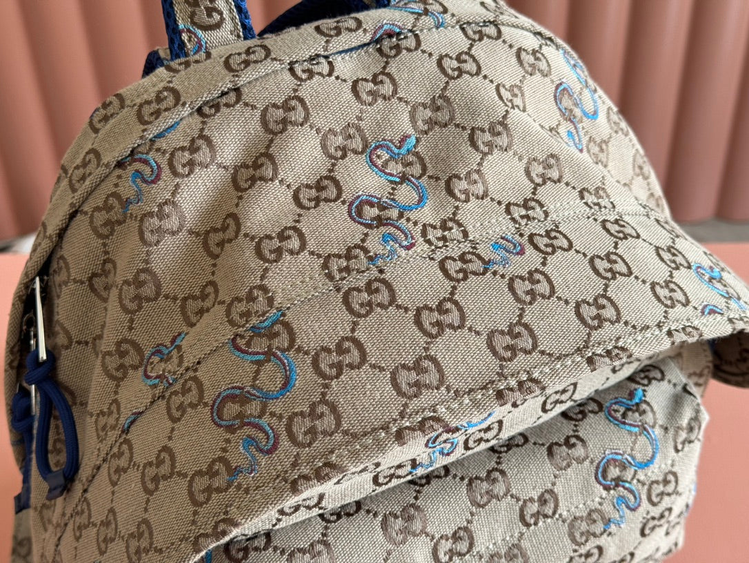 Gucci Backpack 40 in Beige and Brown Canvas Blue Snake Embroidery