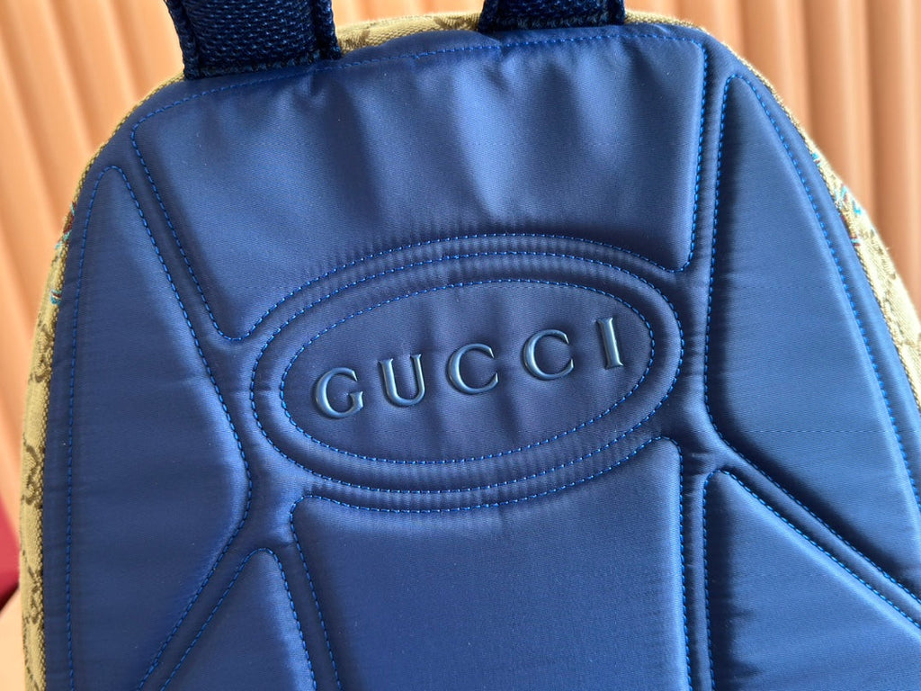 Gucci Backpack 40 in Beige and Brown Canvas Blue Snake Embroidery