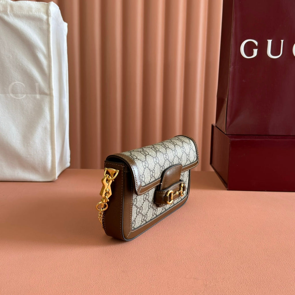 Gucci Horsebit 1955 Small 21.5 in Beige Ebony Supreme Brown Calfskin Gold Hardware Bag
