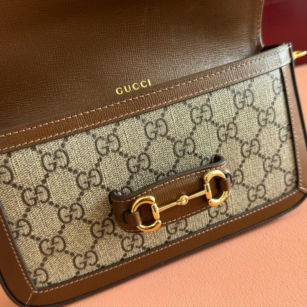 Gucci Horsebit 1955 Small 21.5 in Beige Ebony Supreme Brown Calfskin Gold Hardware Bag
