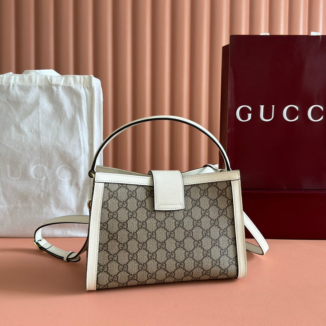 Gucci 26S Padlock Top Handle Bag 25 in Dark Beige and White Calfskin