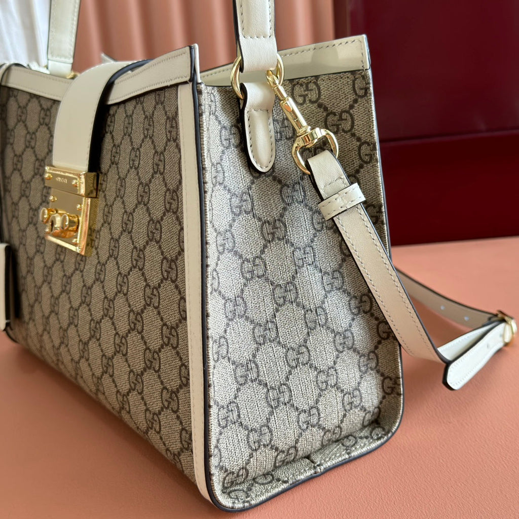 Gucci 26S Padlock Top Handle Bag 31 in Dark Beige and White Calfskin