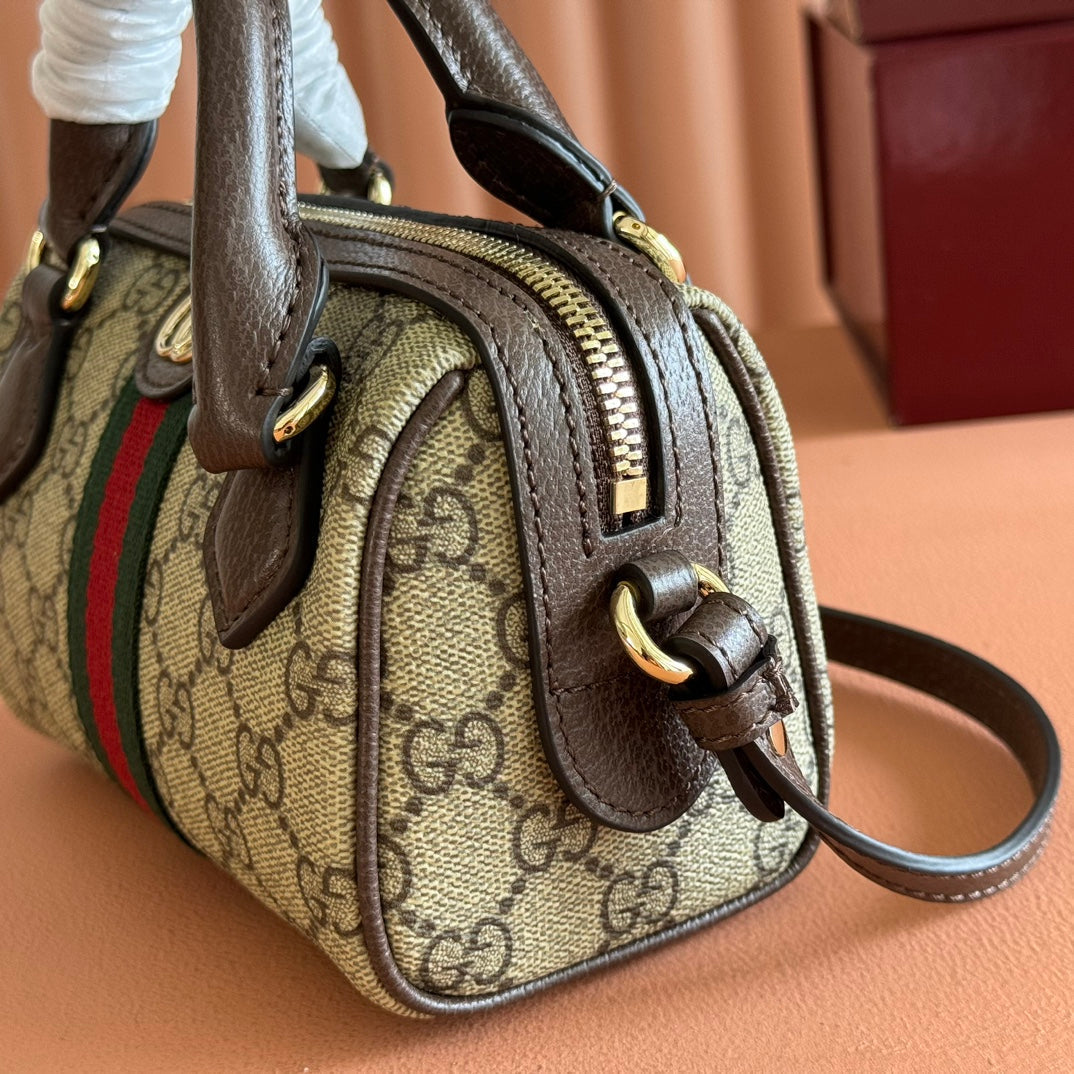 Gucci 25S Ophidia Mini Boston Bag 16 in Beige Canvas and Brown Calfskin