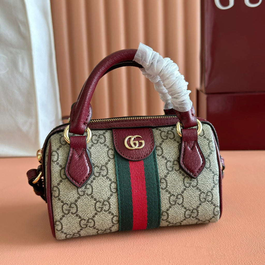 Gucci 25S Ophidia Mini Boston Bag 16 in Beige Canvas and Rosso Ancora Calfskin