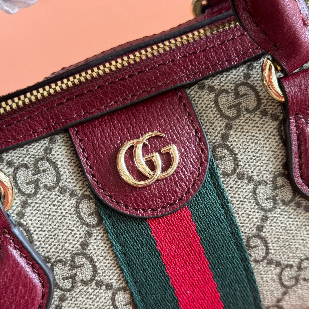 Gucci 25S Ophidia Mini Boston Bag 16 in Beige Canvas and Rosso Ancora Calfskin