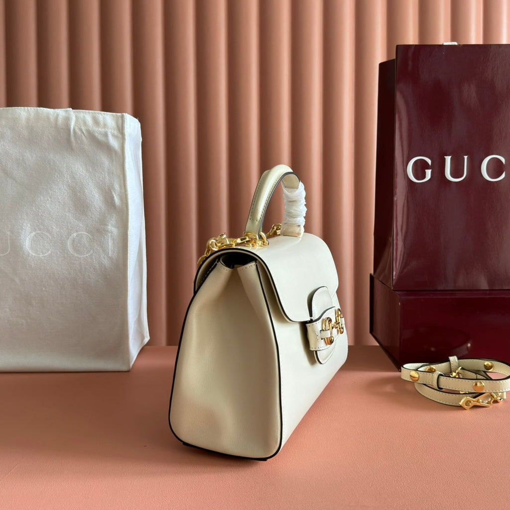 Gucci 25S Horsebit 1955 Medium Shoulder Bag 29 cm in Cream White Calfskin with Gold Hardware