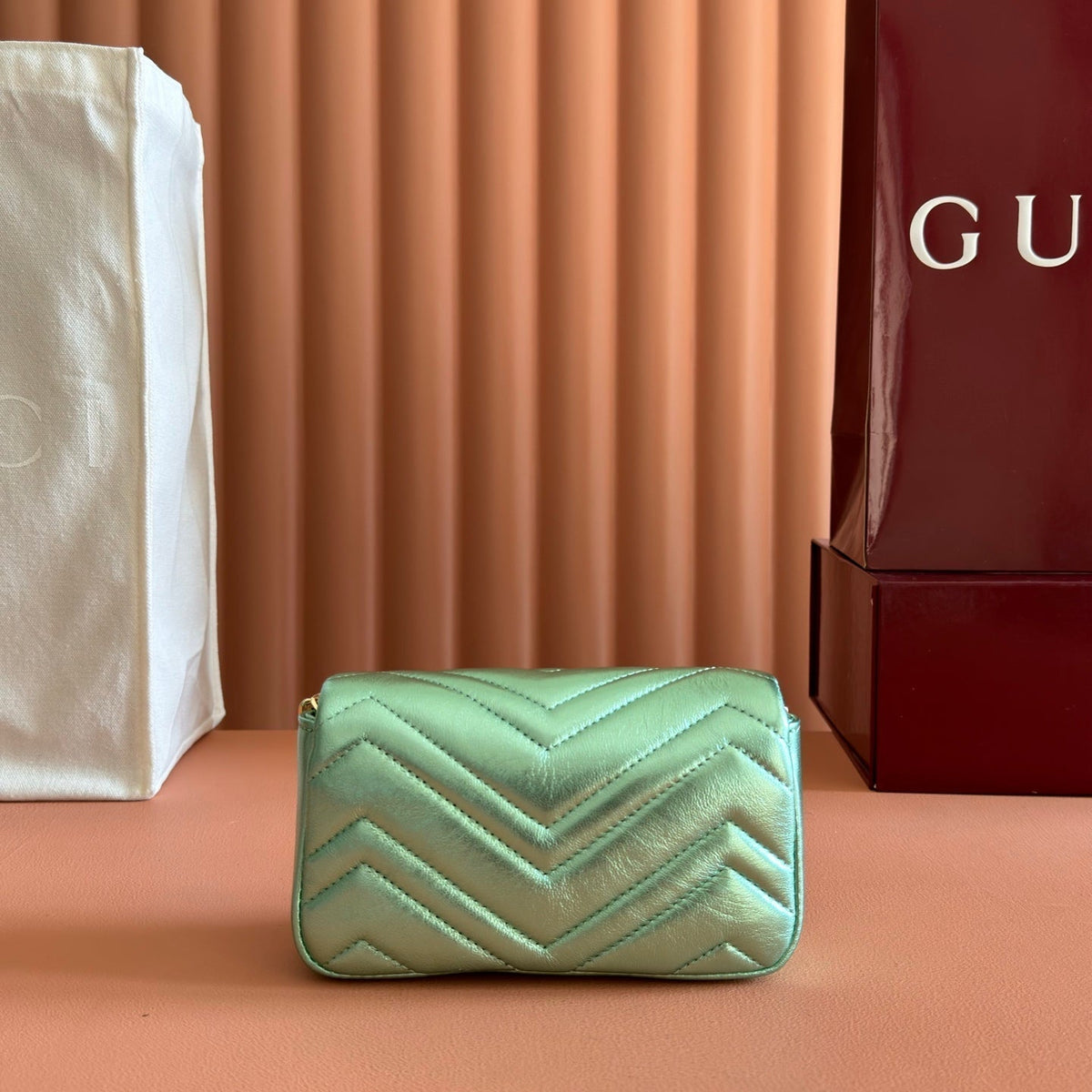 Gucci 26S Marmont Bag 16 in Metallic Pale Green Lambskin