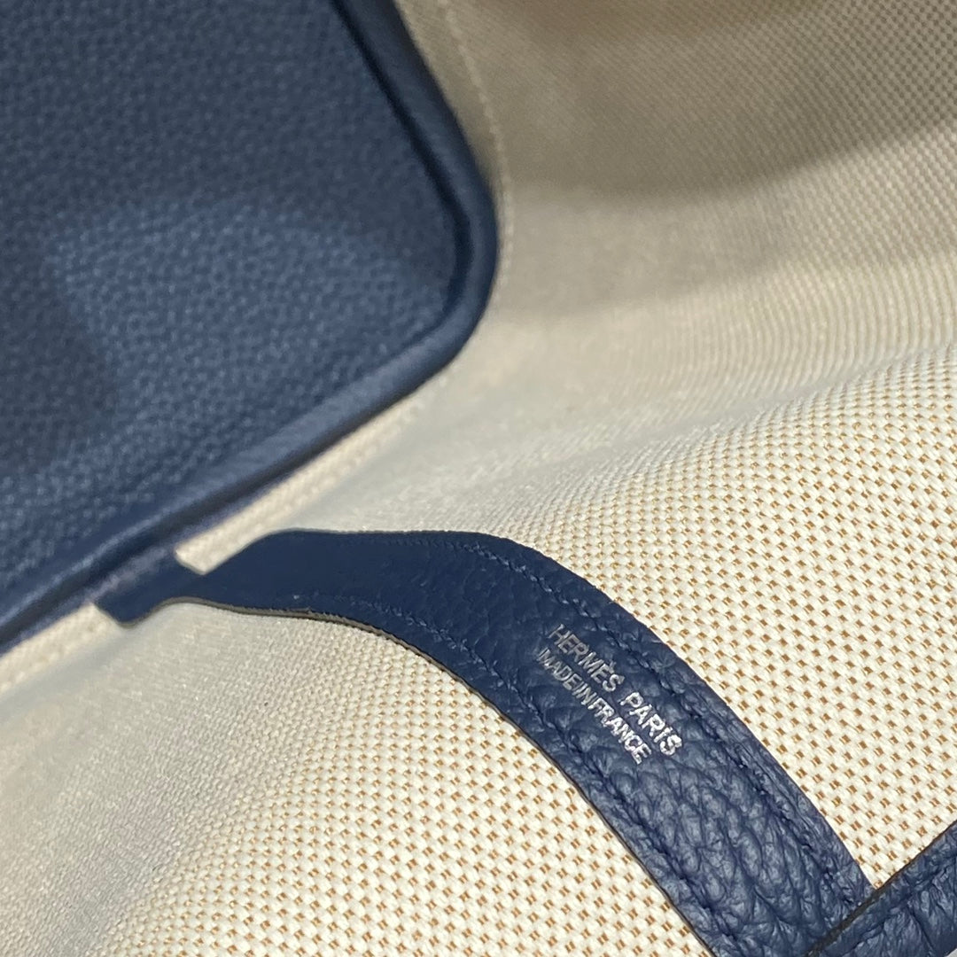 Hermes Garden Party 36 in Navy Cream Toile H Canvas Blue Marine Calfskin Abstract Bear Face Print Bag